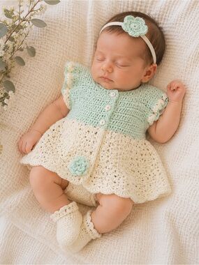 Crochet Handmade Newborn Baby Dress in Mint and Cream Baby Shower Gift